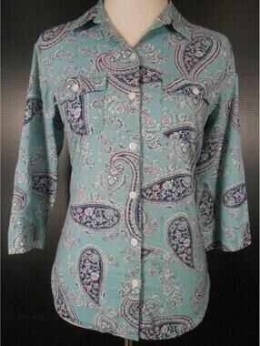 Coastal Chic Paisley Blue Button Down Blouse Equestrian Boho 100% Cotton Medium